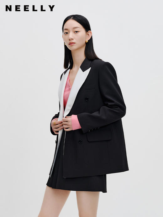 NEELLY纳俪商场同款黑白撞色西装外套秋新款英伦风拼接显瘦小西服N23082W01117 商品图2