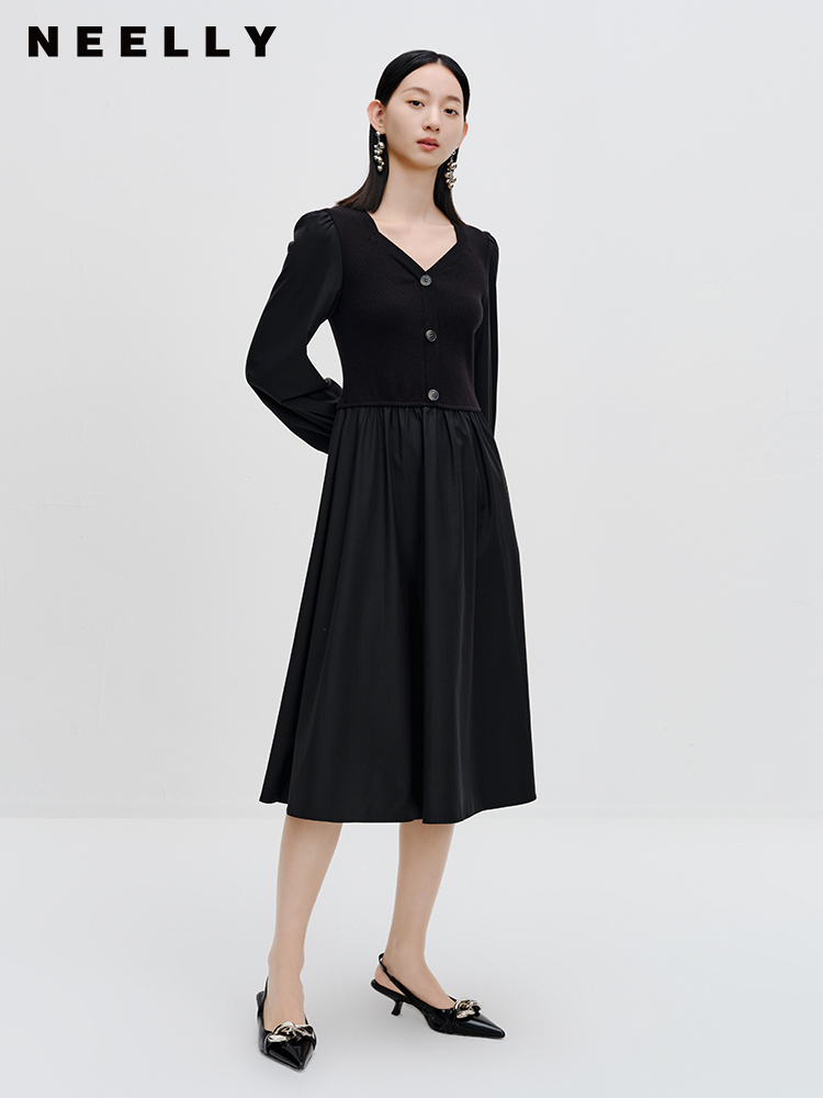 NEELLY纳俪商场同款泡泡袖针织拼接连衣裙秋季新款气质黑色中长裙N23082Y01115