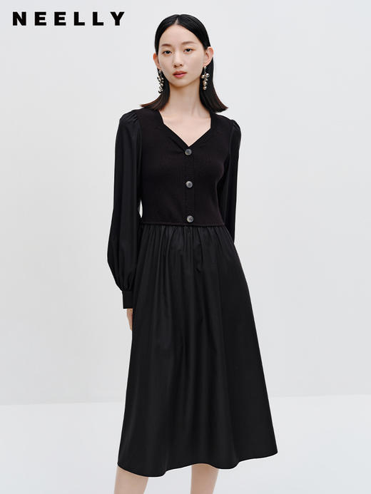 NEELLY纳俪商场同款泡泡袖针织拼接连衣裙秋季新款气质黑色中长裙N23082Y01115 商品图1