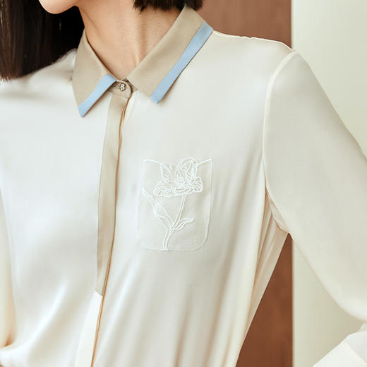 玳莎七分袖拼色领真丝衬衫女设计感2023秋季新款绣花通勤气质衬衣  DC31202 商品图2