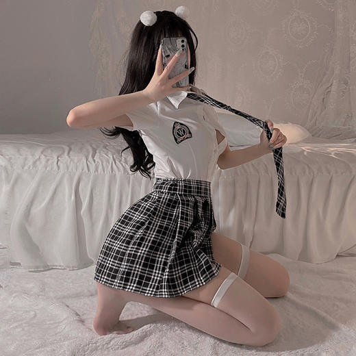 霏慕学院风格子JK制服套装7017 情趣内衣 女制服诱惑性感紧身包臀秘书裙角色扮演学院风格子丝袜夜店职业装开档免脱套装 商品图2