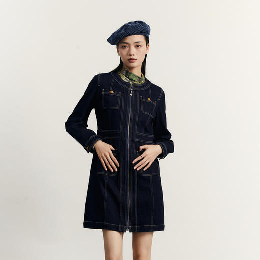谜底丹宁牛仔连衣裙长袖2023秋季新款小香风圆领中长裙233ML1066 商品图0