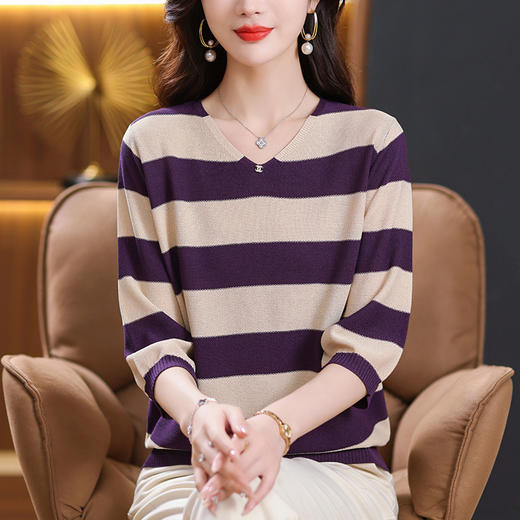 条纹针织衫女七分袖中袖上衣，早秋新款毛衣春秋薄款妈妈打底衫CC-10-2976 商品图5