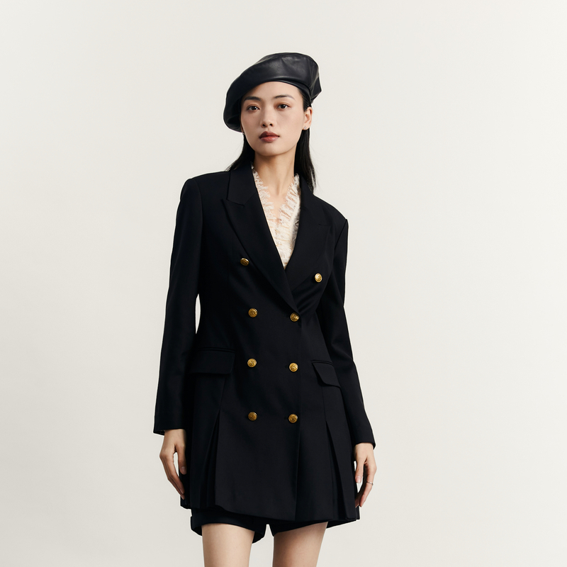 谜底西装连衣裙长袖2023秋季新款通勤修身双排扣百褶裙233ML1151