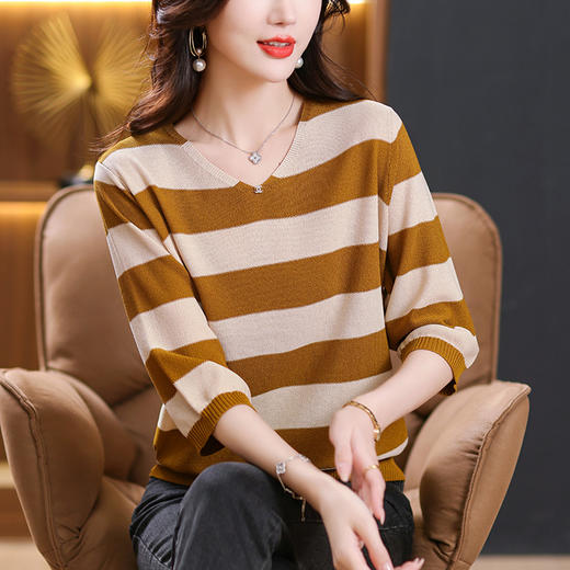条纹针织衫女七分袖中袖上衣，早秋新款毛衣春秋薄款妈妈打底衫CC-10-2976 商品图1