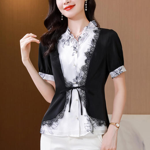 夏季设计感拼接蕾丝小衫，黑白撞色显瘦气质别致短袖上衣衬衫KQL-B43N8381 商品图2