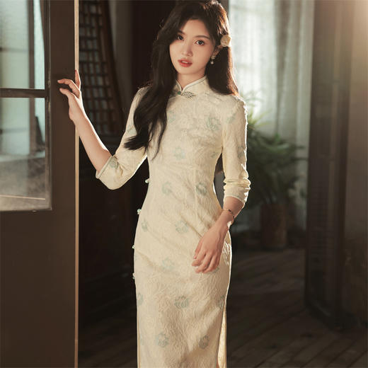 2023秋冬新款 蕾丝长款侧八扣旗袍 清新文艺日常改良旗袍连衣裙 商品图1