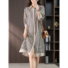 85776原形高级感条纹真丝连衣裙女夏2024新款韩版宽松轻奢桑蚕丝衬衫裙