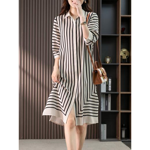 85776原形高级感条纹真丝连衣裙女夏2024新款韩版宽松轻奢桑蚕丝衬衫裙 商品图0