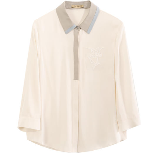 玳莎七分袖拼色领真丝衬衫女设计感2023秋季新款绣花通勤气质衬衣  DC31202 商品图4