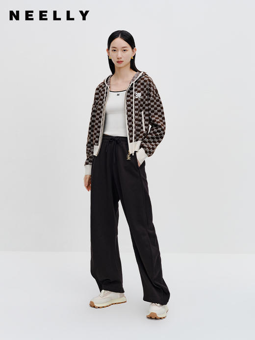 NEELLY纳俪商场同款老花纹样连帽针织开衫秋季新款复古休闲外套女N23082A01106 商品图1