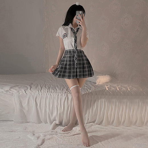 霏慕学院风格子JK制服套装7017 情趣内衣 女制服诱惑性感紧身包臀秘书裙角色扮演学院风格子丝袜夜店职业装开档免脱套装 商品图3