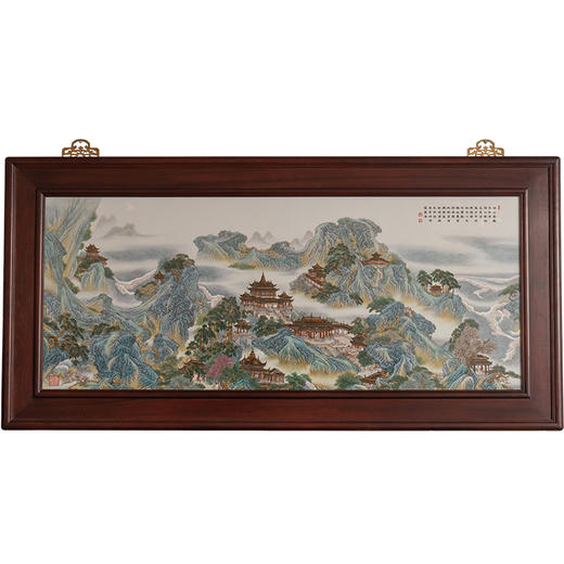 二十世纪 红木镶粉彩山水楼台瓷板画挂屏 商品图5