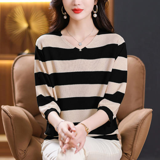 条纹针织衫女七分袖中袖上衣，早秋新款毛衣春秋薄款妈妈打底衫CC-10-2976 商品图3