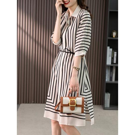 85776原形高级感条纹真丝连衣裙女夏2024新款韩版宽松轻奢桑蚕丝衬衫裙 商品图1