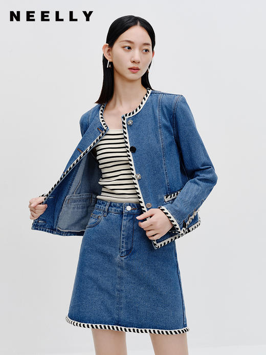 NEELLY纳俪商场同款牛仔半身裙显瘦遮胯2023秋季新款蓝色 A字裙女N23082E01188 商品图0