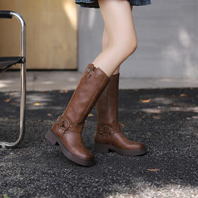 西遇长筒骑士靴女新款秋季马丁靴美式甜酷风棕色厚底机车靴子V0033838