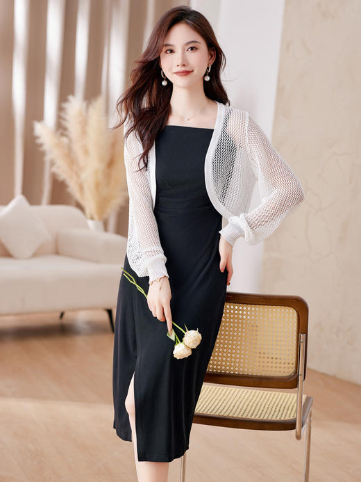秋季新款，气质优雅修身显瘦吊带开衩连衣裙针织披肩两件套HR-WA23689 商品图4