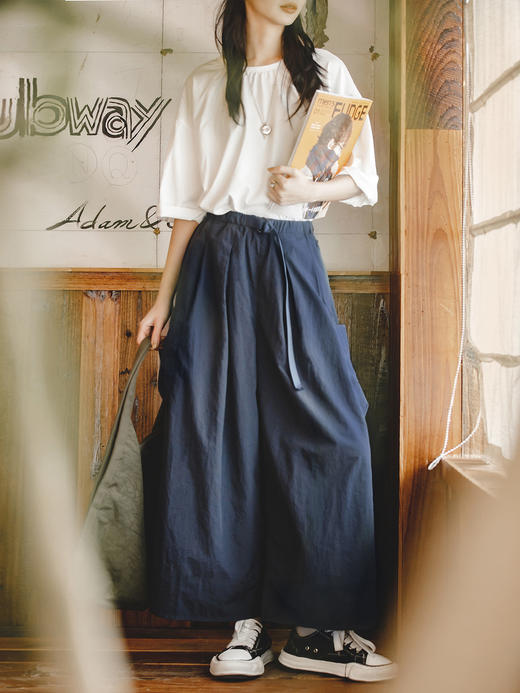 马登日系休闲高腰工装裤口袋宽松显瘦遮胯百搭阔腿A字裙裤秋女 商品图2