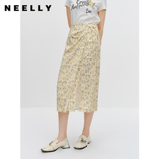 NEELLY纳俪商场同款碎花半身裙女早秋新款法式垂感开叉显瘦中长裙N23081E01096 商品图1