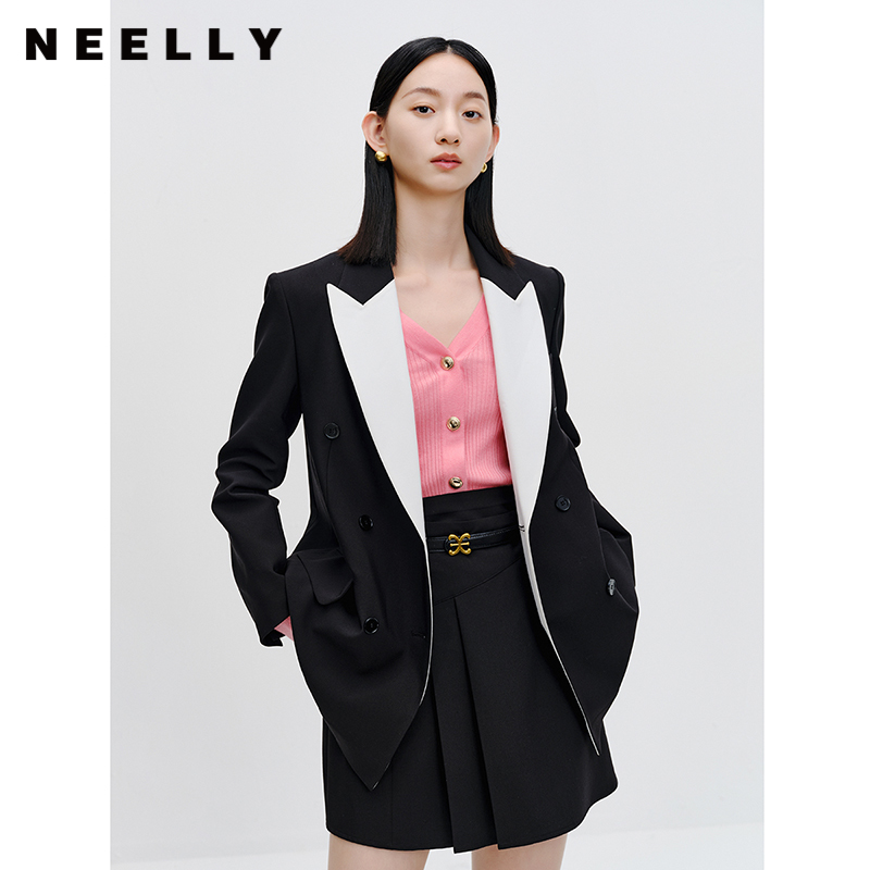 NEELLY纳俪商场同款黑白撞色西装外套秋新款英伦风拼接显瘦小西服N23082W01117