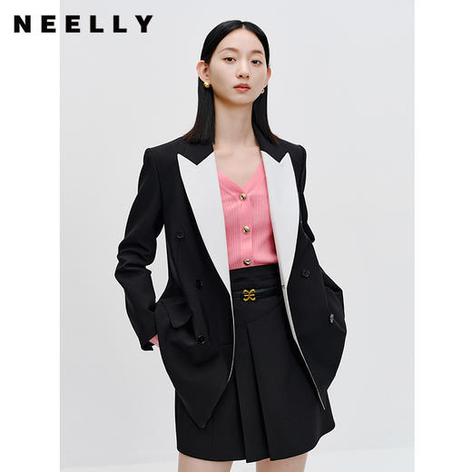 NEELLY纳俪商场同款黑白撞色西装外套秋新款英伦风拼接显瘦小西服N23082W01117 商品图0