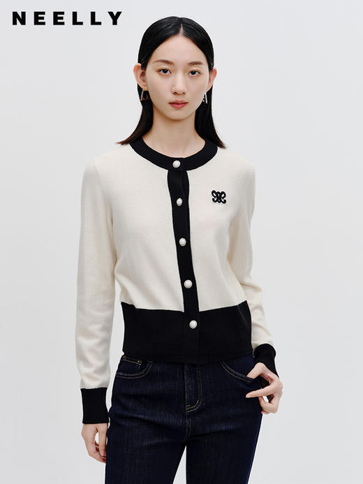 NEELLY纳俪商场同款绵羊毛针织衫女秋季新款圆领小香风撞色短上衣N23082A01103 商品图0