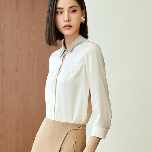 玳莎七分袖拼色领真丝衬衫女设计感2023秋季新款绣花通勤气质衬衣  DC31202 商品图1