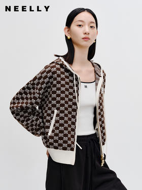 NEELLY纳俪商场同款老花纹样连帽针织开衫秋季新款复古休闲外套女N23082A01106