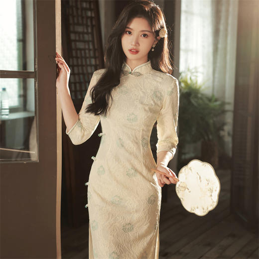 2023秋冬新款 蕾丝长款侧八扣旗袍 清新文艺日常改良旗袍连衣裙 商品图0