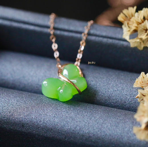 18K玫瑰金和田玉（碧玉）镶钻项链--蝶/蝶形9*12mm/链长40+2cm 商品图5