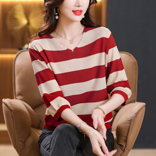 条纹针织衫女七分袖中袖上衣，早秋新款毛衣春秋薄款妈妈打底衫CC-10-2976 商品图7