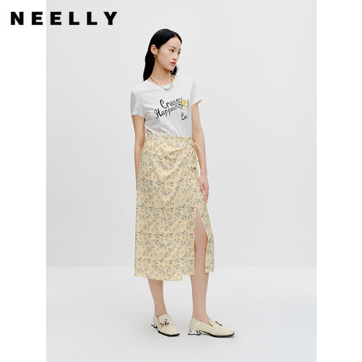 NEELLY纳俪商场同款碎花半身裙女早秋新款法式垂感开叉显瘦中长裙N23081E01096 商品图3