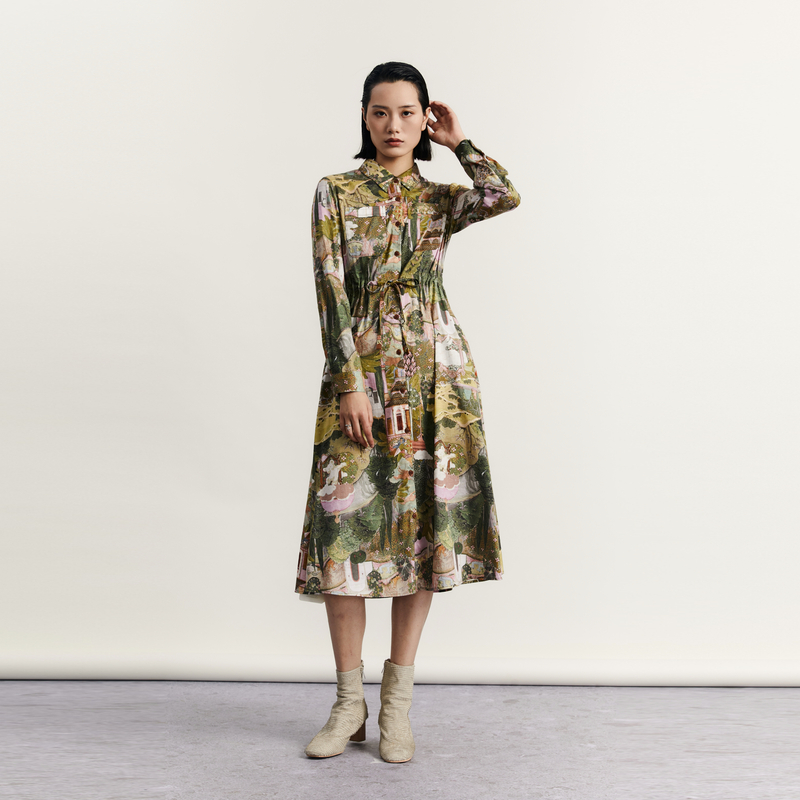 谜底花色连衣裙长袖女2023秋季新款复古印花A型宽松长裙233ML1001