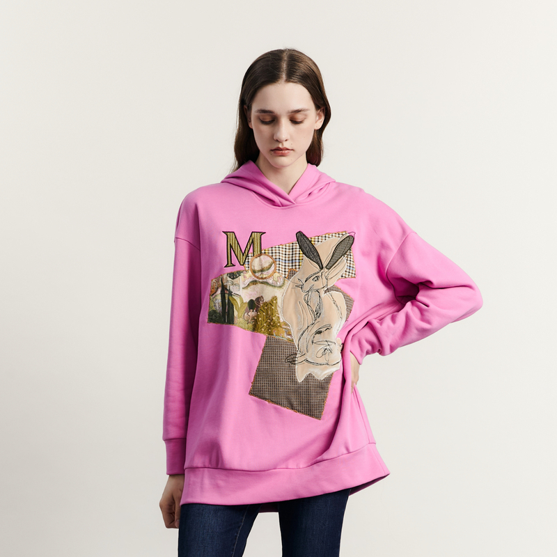 谜底连帽印花中长卫衣女2023秋新款复古绣花大廓形宽松233MV1042