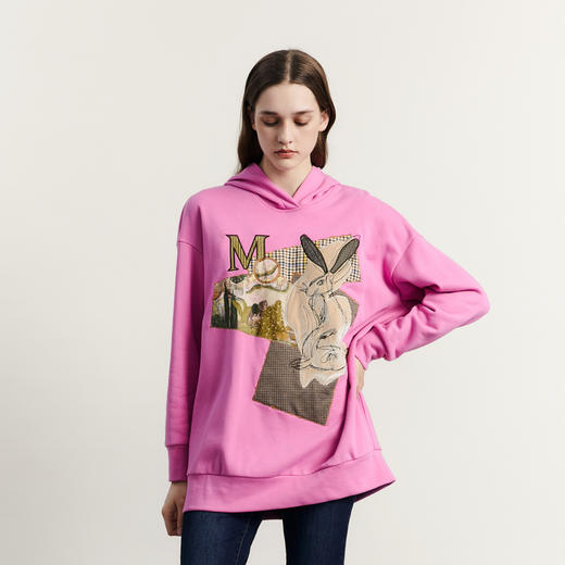 谜底连帽印花中长卫衣女2023秋新款复古绣花大廓形宽松233MV1042 商品图0