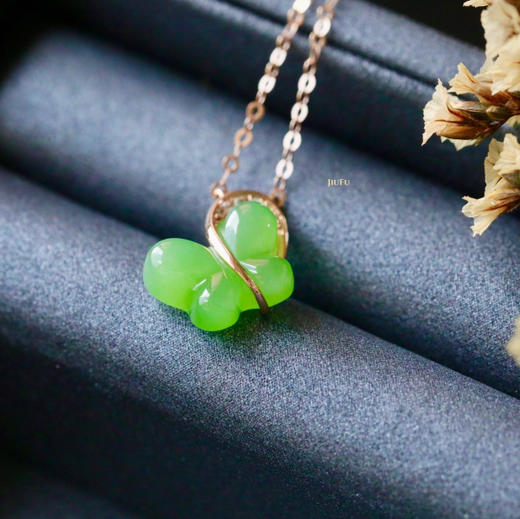 18K玫瑰金和田玉（碧玉）镶钻项链--蝶/蝶形9*12mm/链长40+2cm 商品图4