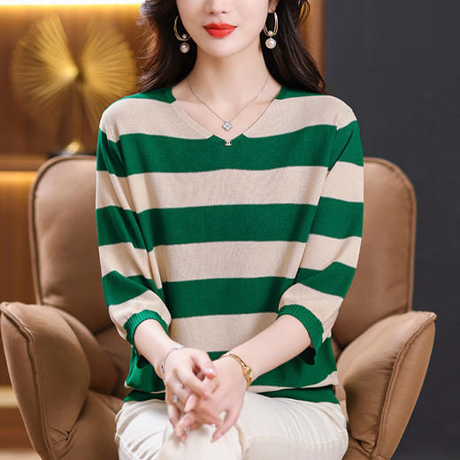 条纹针织衫女七分袖中袖上衣，早秋新款毛衣春秋薄款妈妈打底衫CC-10-2976 商品图2