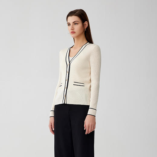 【半价款羊绒开衫】羊绒世家23年秋冬新品100%山羊绒衫条纹撞色小外套 商品图1