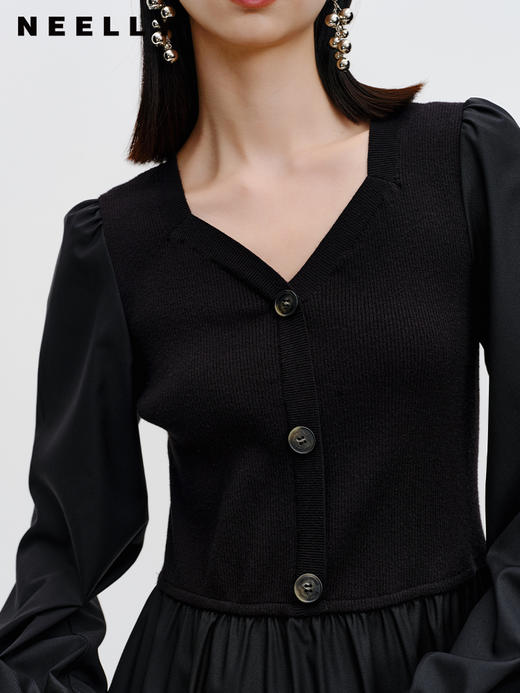 NEELLY纳俪商场同款泡泡袖针织拼接连衣裙秋季新款气质黑色中长裙N23082Y01115 商品图2