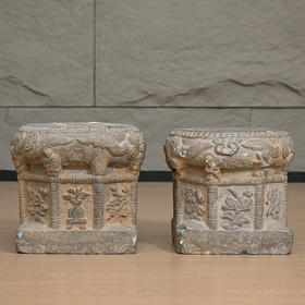 清 青石雕龙纹鼓形石座（一对）