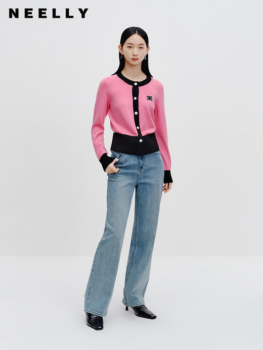 NEELLY纳俪商场同款绵羊毛针织衫女秋季新款圆领小香风撞色短上衣N23082A01103 商品图1