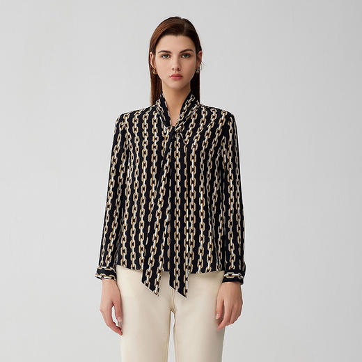 【桑蚕丝衬衫】23年早秋新品女士100%桑蚕丝印花薄款系带上衣 商品图0