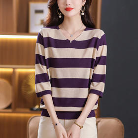 条纹针织衫女七分袖中袖上衣，早秋新款毛衣春秋薄款妈妈打底衫CC-10-2976
