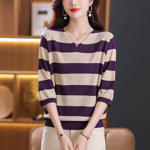 条纹针织衫女七分袖中袖上衣，早秋新款毛衣春秋薄款妈妈打底衫CC-10-2976 商品图0
