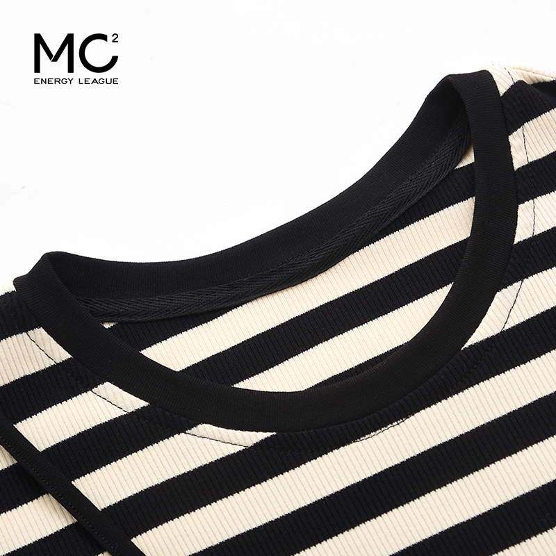 mc2条纹拼接连衣裙女装夏季新款圆领收腰显瘦高级感假两件连身裙