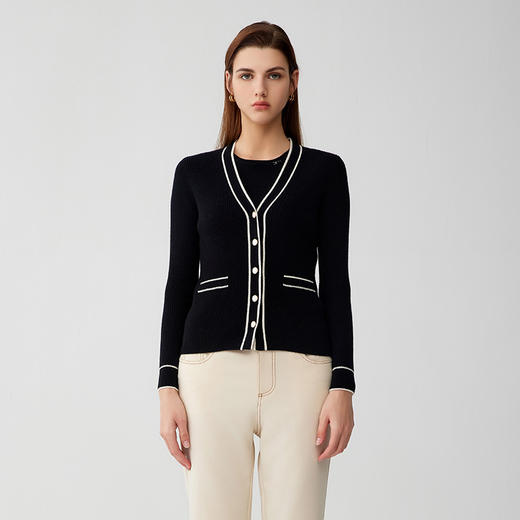 【半价款羊绒开衫】羊绒世家23年秋冬新品100%山羊绒衫条纹撞色小外套 商品图3