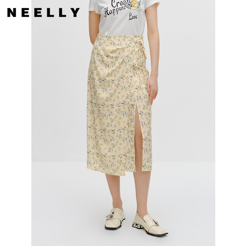 NEELLY纳俪商场同款碎花半身裙女早秋新款法式垂感开叉显瘦中长裙N23081E01096