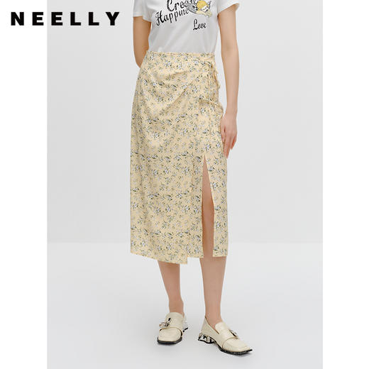 NEELLY纳俪商场同款碎花半身裙女早秋新款法式垂感开叉显瘦中长裙N23081E01096 商品图0