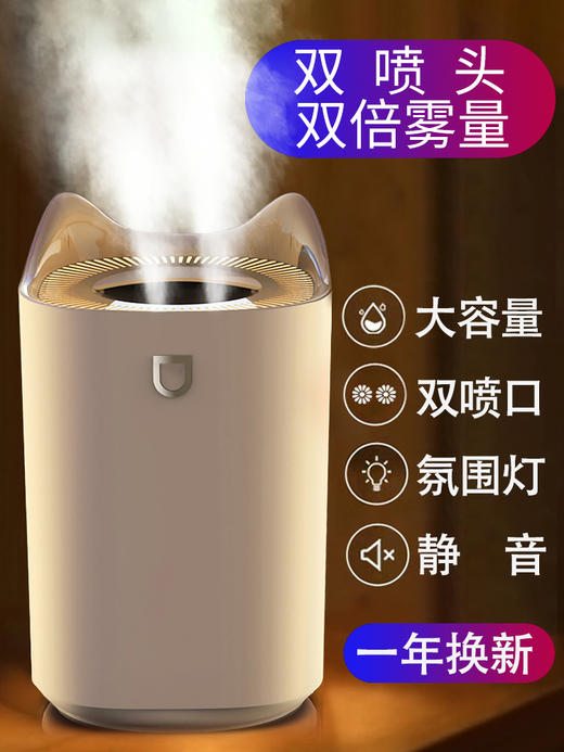 新款USB双喷口大容量加湿器，是室内独享舒适空气的伴侣。静音设计，不会打扰到您的工作和休息，给您一个优美的氛围，在枯燥乏味的办公室以及家中缓解身心疲惫，让您安享一份放松和舒适！ 商品图3